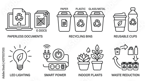 Eco friendly vector illustration showing various sustainable lifestyle habits for corporate office and home environmental conservation