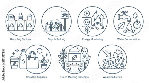 Sustainable lifestyle vector illustration icons set showing various eco friendly habits and green living initiatives