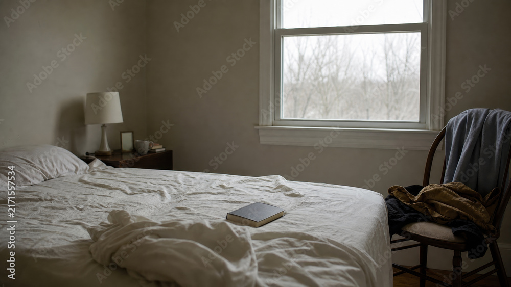 Naklejka premium Unmade Bed in Simple Bedroom Interior
