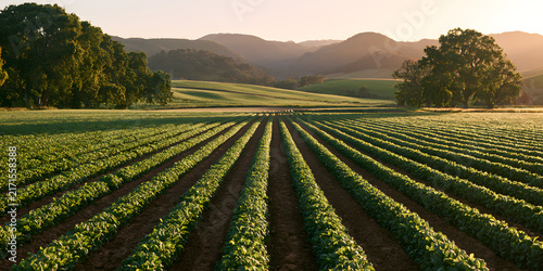 Sunrise over lush green farmland with rows of crops and trees