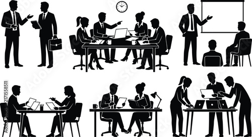 Business office meeting corporate teamwork presentation project discussion and management workflow vector silhouette set with professional colleagues working together