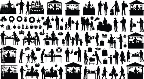 Принти на полотні Christmas market silhouette vector set with people shopping at winter fair stall