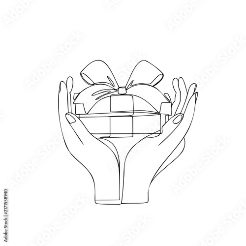 Pair of hands carefully holding a wrapped gift box tied with a bow, surprise present concept, simple line drawing for celebrations.