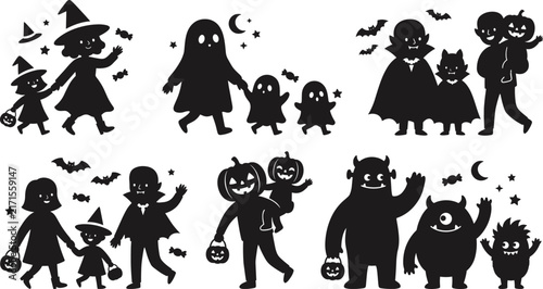 Cute Halloween family trick or treat characters black silhouettes vector set with parents and kids wearing spooky holiday costumes