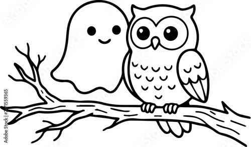 Cute cartoon owl and friendly ghost sitting together on a tree branch.
