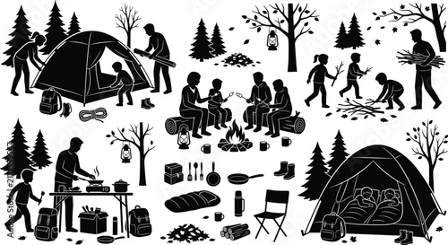 Family camping trip forest outdoor adventure campfire cooking marshmallow roasting tent setup autumn recreation silhouette vector illustration set