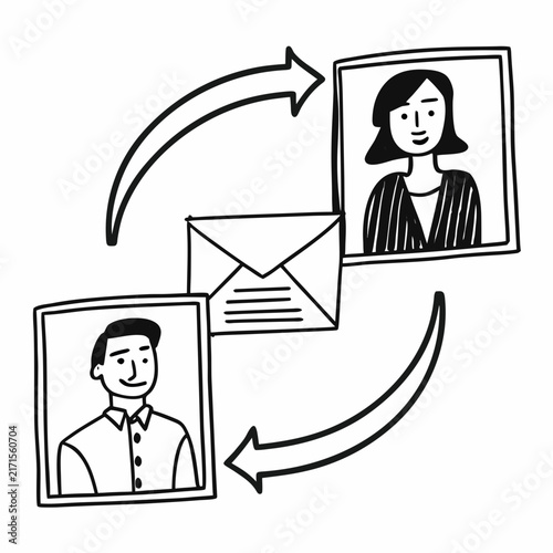 Hand drawn illustration of people exchanging messages with an envelope and portraits