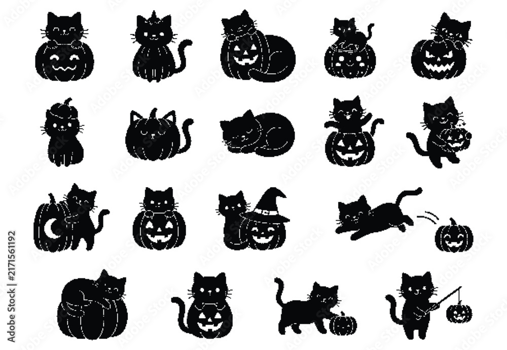 Obraz premium Black Cat and Pumpkin Silhouette Icon Set