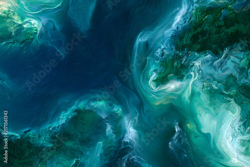 Abstract ocean-inspired fluid art with swirling blue and green patterns