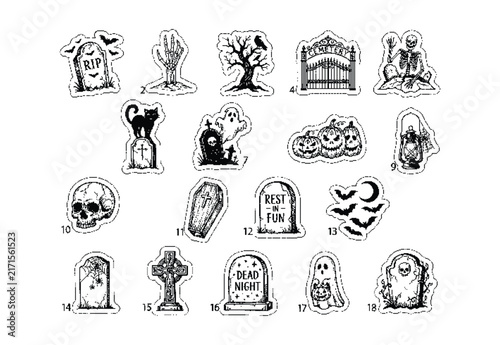 Halloween Graveyard Cemetery Icon Set