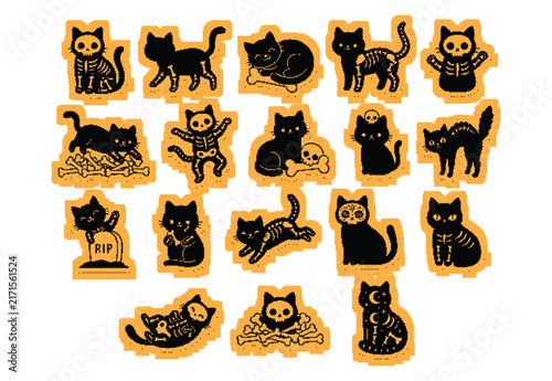 Black Cat Skeleton Halloween Sticker Set Orange