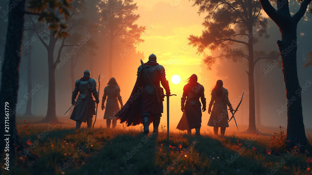 Fototapeta premium A battle-worn knight leads a group of heroes through a misty forest at dawn