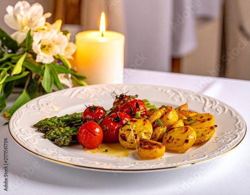 Plate of roasted potatoes, cherry tomatoes, and asparagus creating a gourmet vegetarian