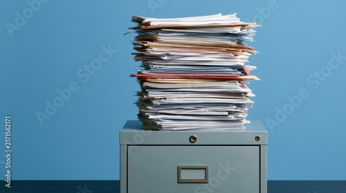 Fototapeta kuchenna Tall stack of assorted papers and documents piled on top of a gray metal filing cabinet against a solid blue background with visible edges and textures
