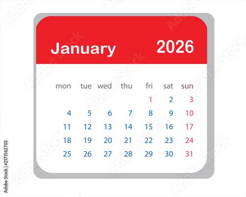 Foto January 2026 calendar with weekday abbreviations and dates vector illustration