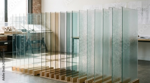 Stack of clear glass panels in a warehouse.