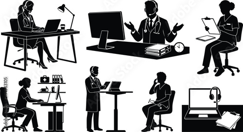 Medical call center support and online telemedicine consultation black silhouettes vector icons collection with doctors nurses operators and workplace equipment