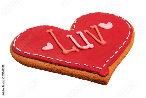 Heart Shaped Gingerbread Cookie with Red Icing and Luv Message