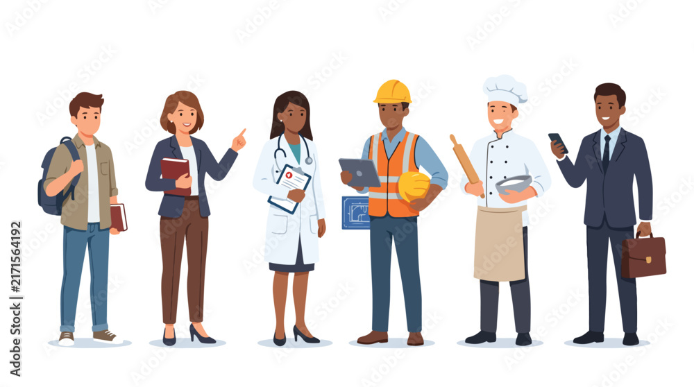 Obraz premium Diverse professionals and student standing together in flat design