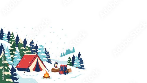 Winter camping scene with tents and roaring campfire in snowy pine forest.