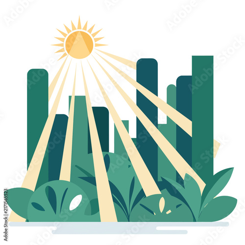 Green cactus silhouette with sun rays in desert landscape.