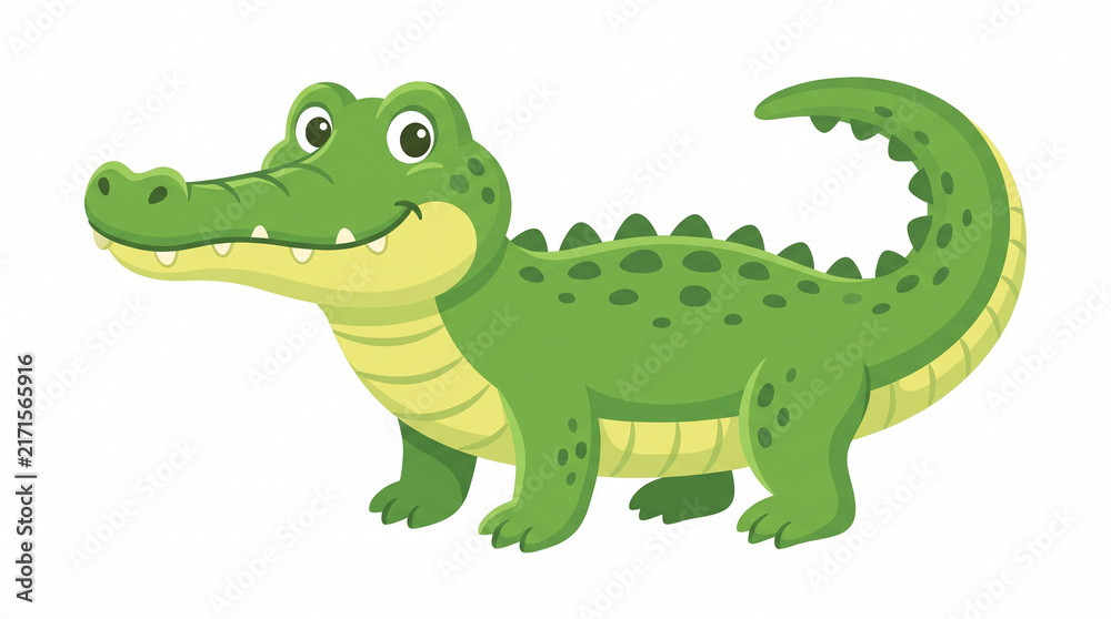 Fototapeta premium A friendly cartoon green crocodile with a big smile, standing on a white background.