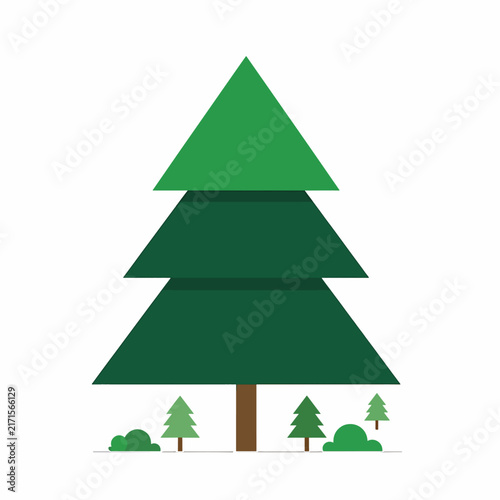 Green Christmas tree with brown trunk and small green bushes.