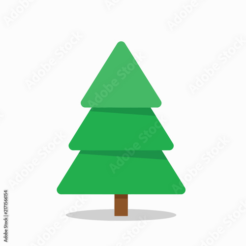Green Christmas tree with brown trunk on white surface.
