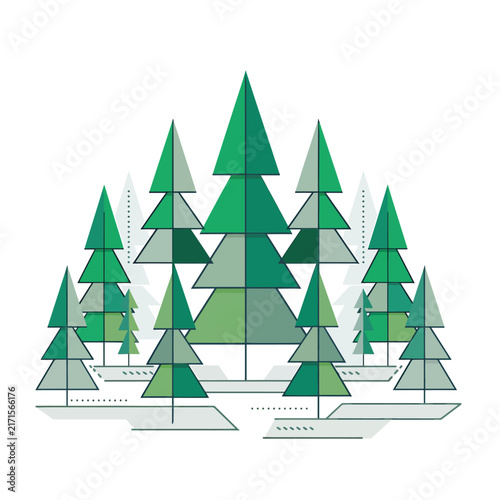 Green Christmas tree with geometric pattern and white lights.