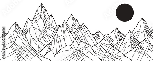 Minimalist Geometric Mountain Landscape Line Art Vector Illustration with Black Sun