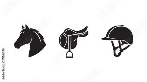 Equestrian silhouette icons featuring horse head riding saddle and safety helmet displayed in vector style
