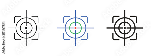 Target crosshair focus vector icon set showing thin outline colorful and bold line styles with framing corners for precision camera focus and goal setting concept