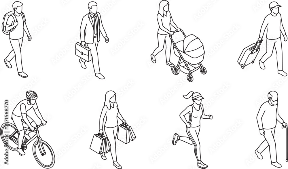 Obraz premium Isometric set of diverse people walking and performing daily activities
