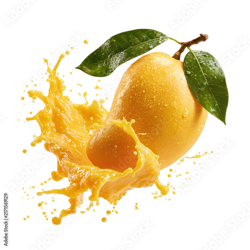 Ripe mango with tropical leaves and juice splash captured in bright light in a kitchen setting