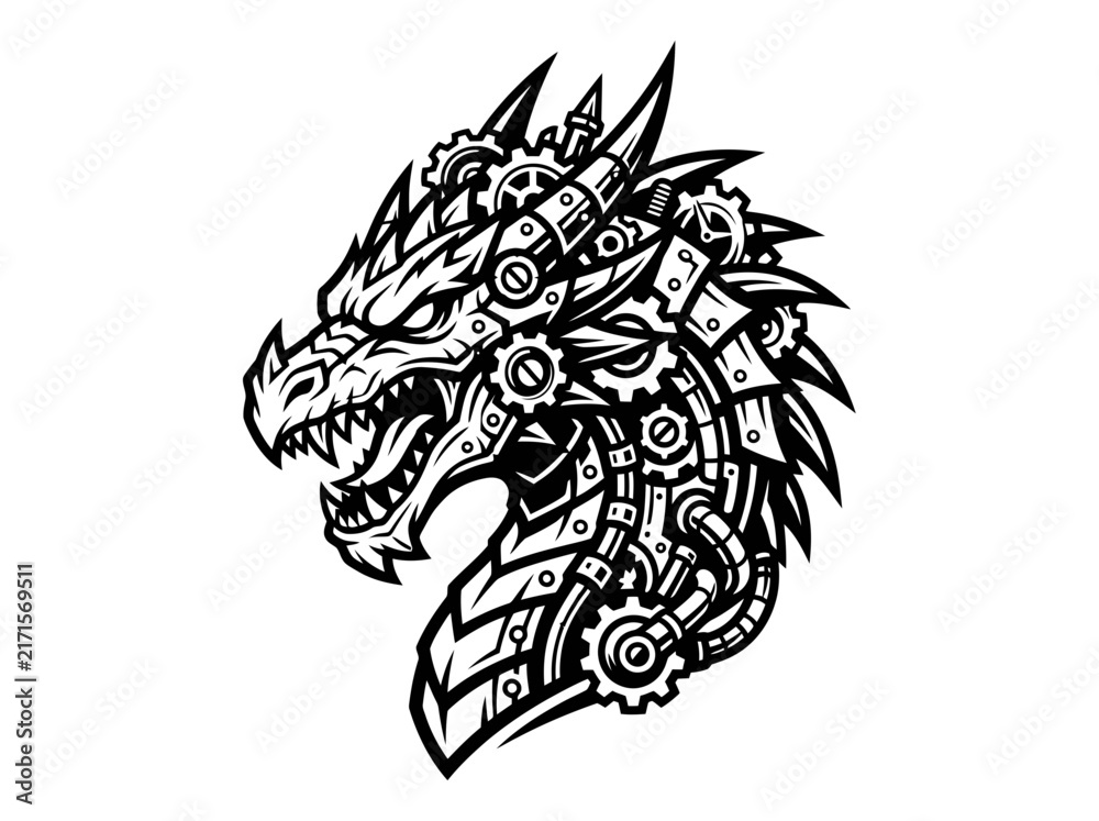 Obraz premium Steampunk Dragon Head Isolated - Mechanical Fantasy Creature