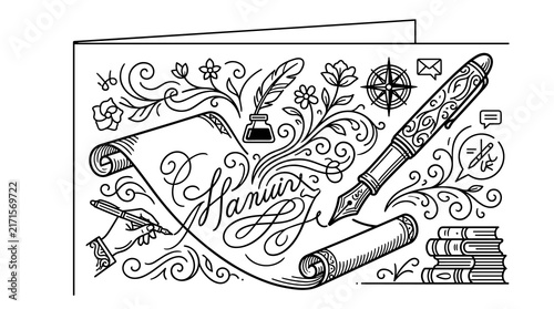 Hand writing on vintage scroll with ornate fountain pen