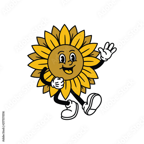 Happy Cartoon Sunflower Character Waving Hello.