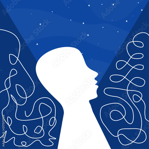 White silhouette of head looking up at starry blue sky with abstract swirling lines. Concept of mental health, overthinking, anxiety, calm, reflection, psychology, mindfulness and emotional clarity.