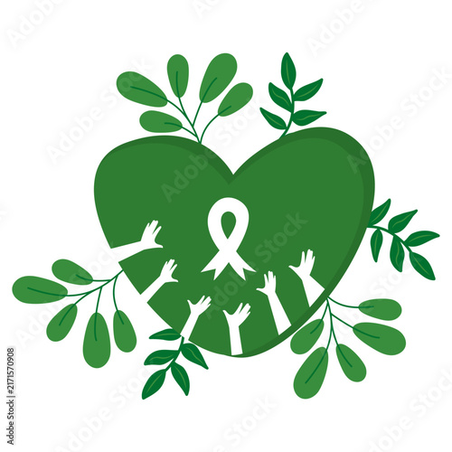 Green heart with white awareness ribbon, hands reaching up and leaf branches. Concept of mental health, community support, healing, wellness, care, compassion, growth and emotional wellbeing.