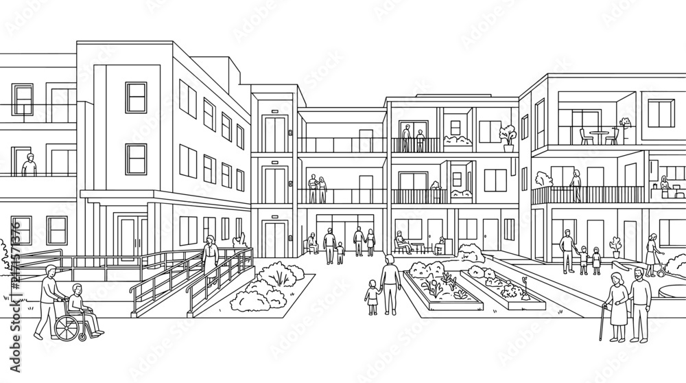 Obraz premium Surreal apartment complex housing diverse and inclusive community