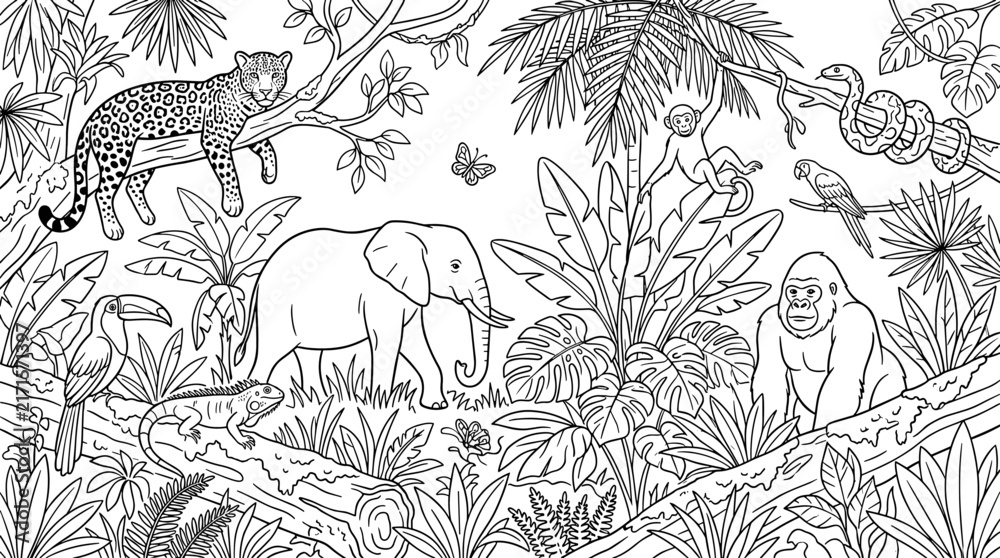 Obraz premium Wild jungle animals coloring page for kids
