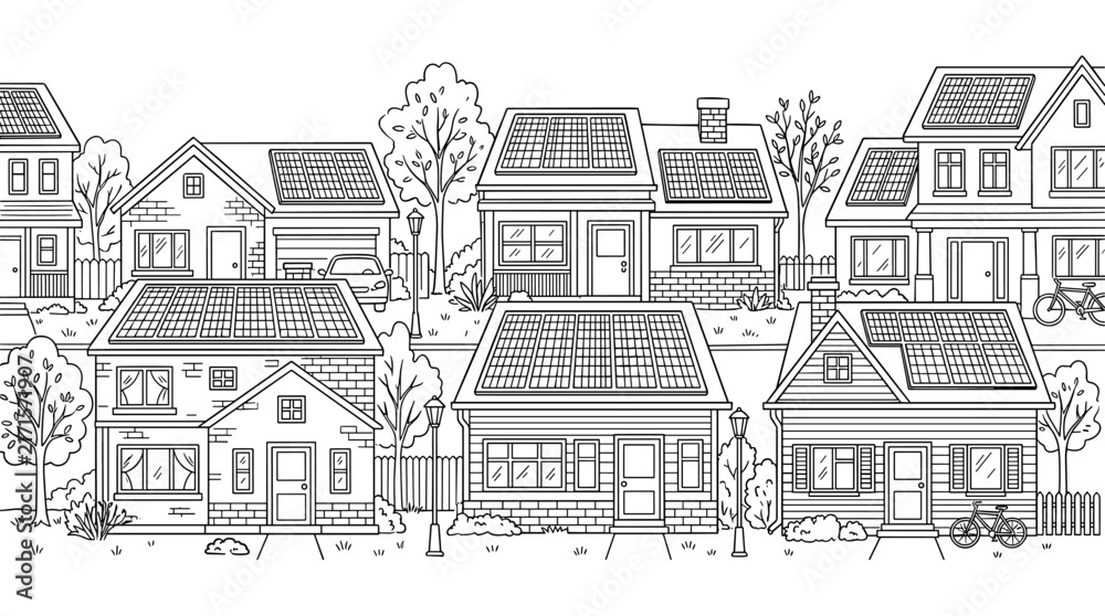 Obraz premium Neighborhood coloring page showing houses with rooftop solar panels