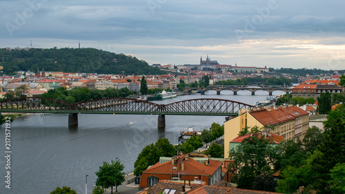 Bild auf Leinwand Prague skyline panorama with castle, bridges, and the Vltava River