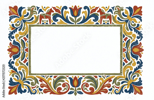 Scandinavian-style folk art floral and animal border with Dala horses Graphic poster style illustration