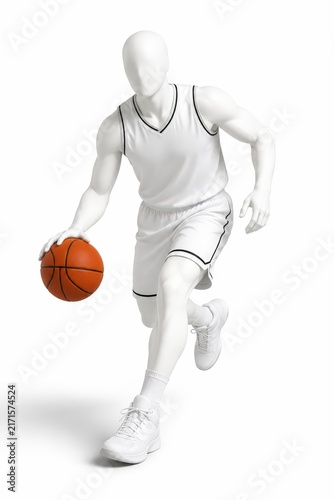 Mannequin Dribbling Basketball in White Uniform, Dynamic Sports Action Mockup for Athletic Apparel.