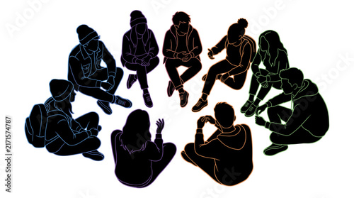 Group of diverse people sitting in a circle top view silhouettes