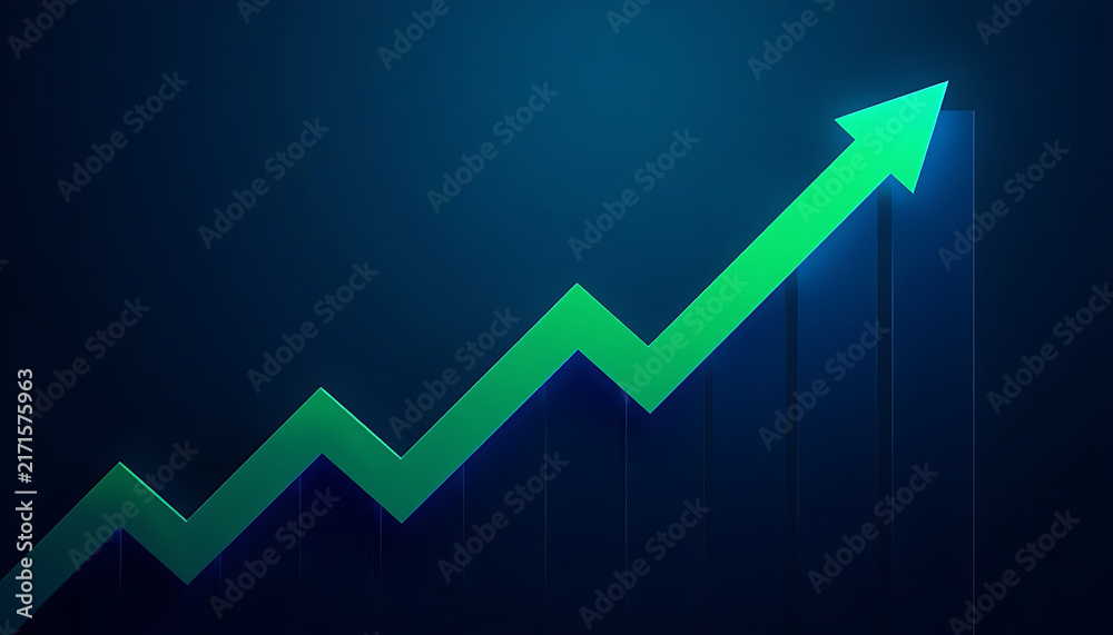 Obraz premium Green upward trending arrow graph on a dark blue background
