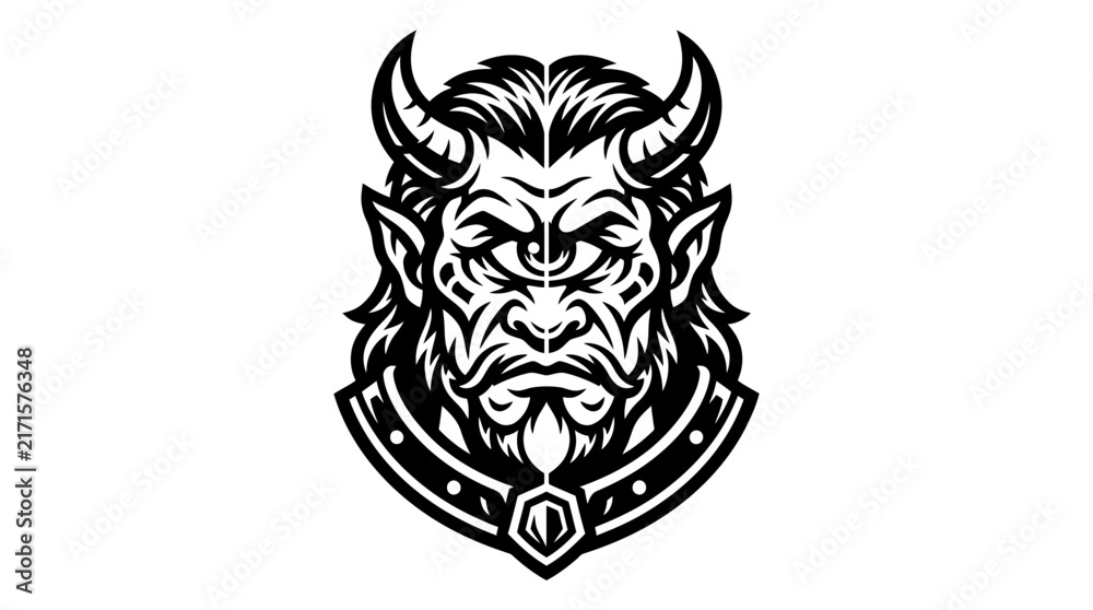 Fototapeta premium Evil Demon Head Icon, Scary Monster Face with Horns, Black and White