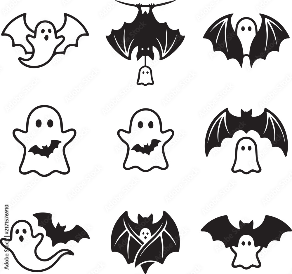 Fototapeta premium Black Halloween bats and ghosts icon set vector