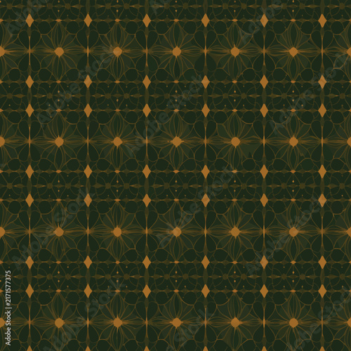 Abstracts suns. Geometric  pattern. Colored and seamless design. Golden yellow, orange, brown, blue an black colors. featuring a dark green background with gold-toned diamond and cross accents.